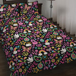Hippie Peace Sign And Love Pattern Print Quilt Bed Set