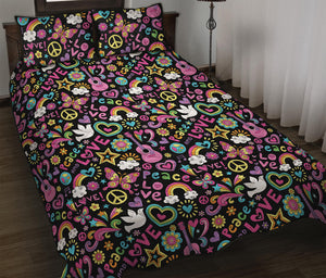 Hippie Peace Sign And Love Pattern Print Quilt Bed Set