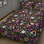 Hippie Peace Sign And Love Pattern Print Quilt Bed Set