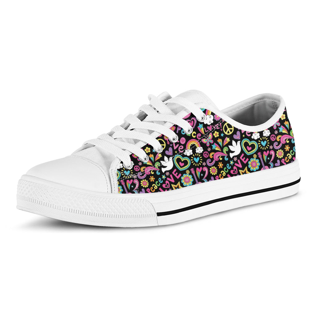 Hippie Peace Sign And Love Pattern Print White Low Top Shoes