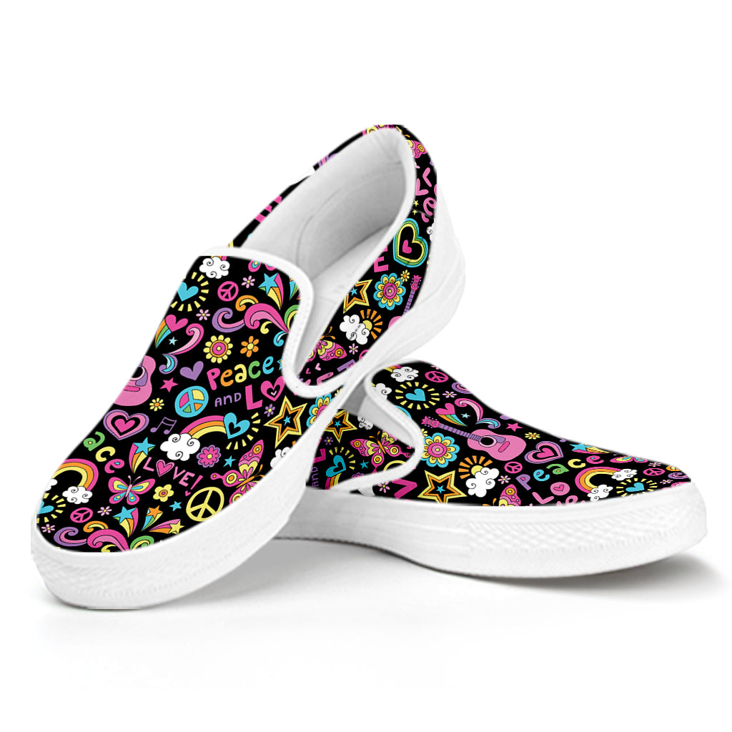 Hippie Peace Sign And Love Pattern Print White Slip On Shoes