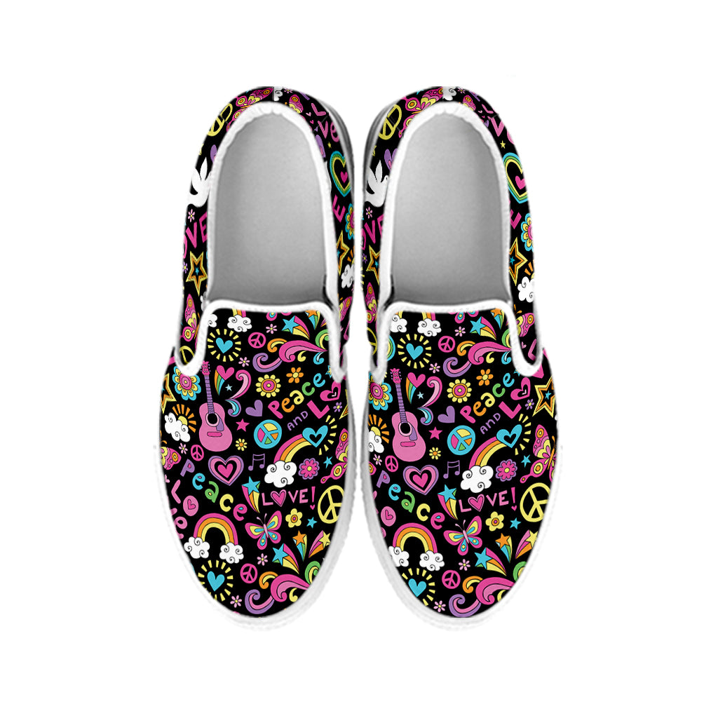 Hippie Peace Sign And Love Pattern Print White Slip On Shoes