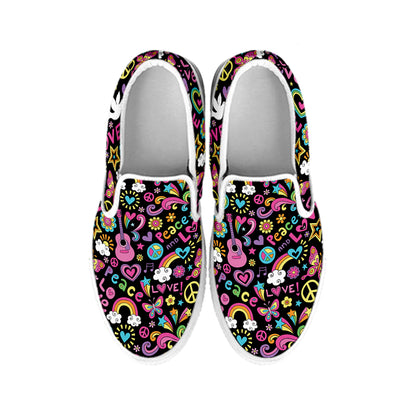 Hippie Peace Sign And Love Pattern Print White Slip On Shoes