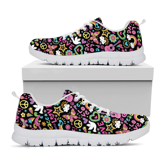 Hippie Peace Sign And Love Pattern Print White Sneakers