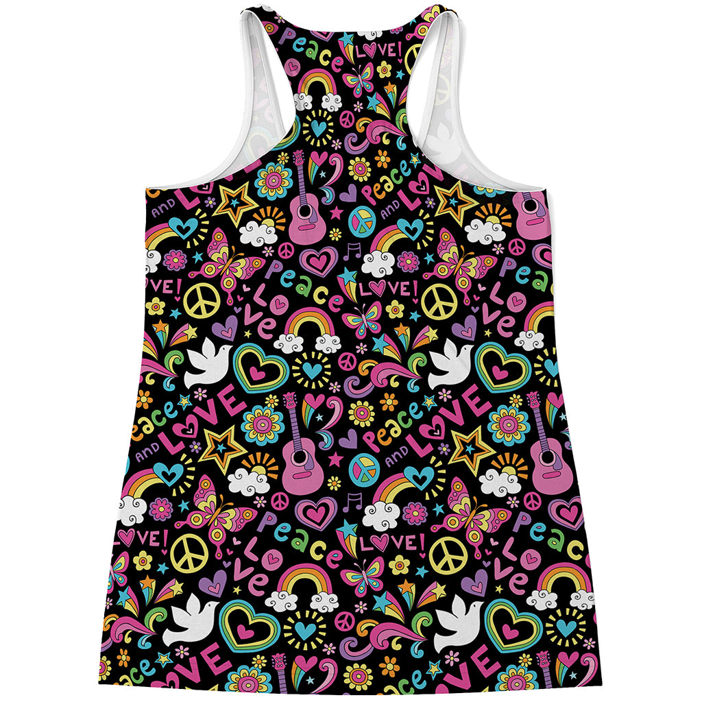 Hippie Peace Sign And Love Pattern Print Women's Racerback Tank Top