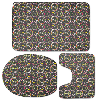 Hippie Peace Sign Flower Pattern Print 3 Piece Bath Mat Set