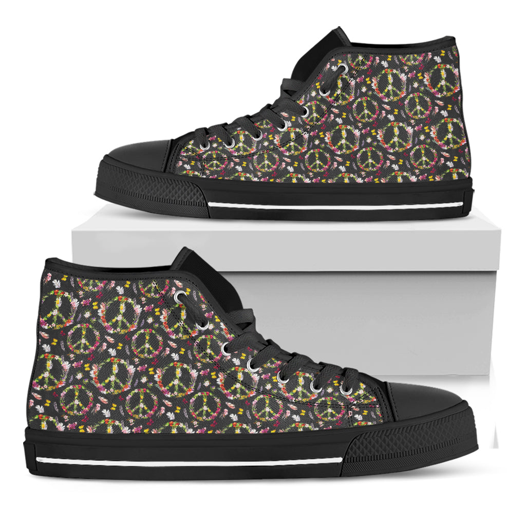 Hippie Peace Sign Flower Pattern Print Black High Top Shoes