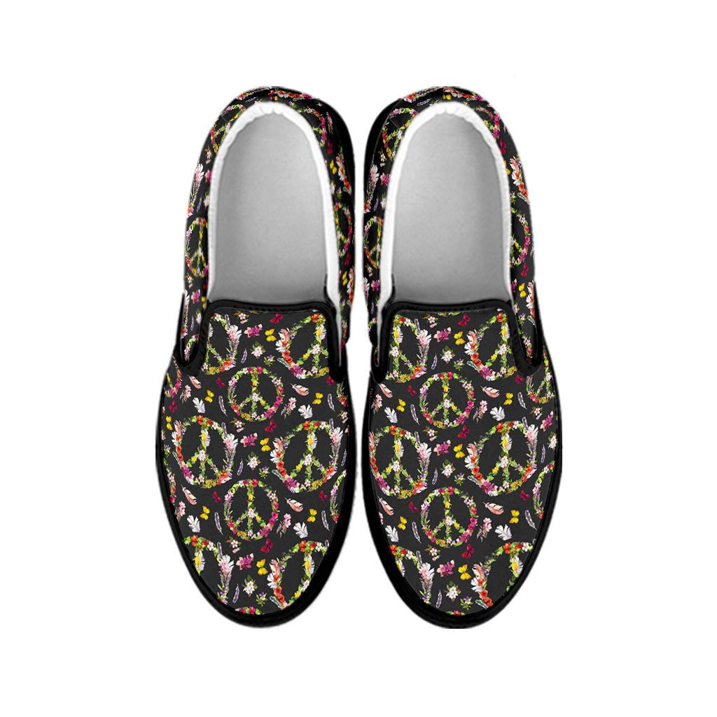 Hippie Peace Sign Flower Pattern Print Black Slip On Shoes