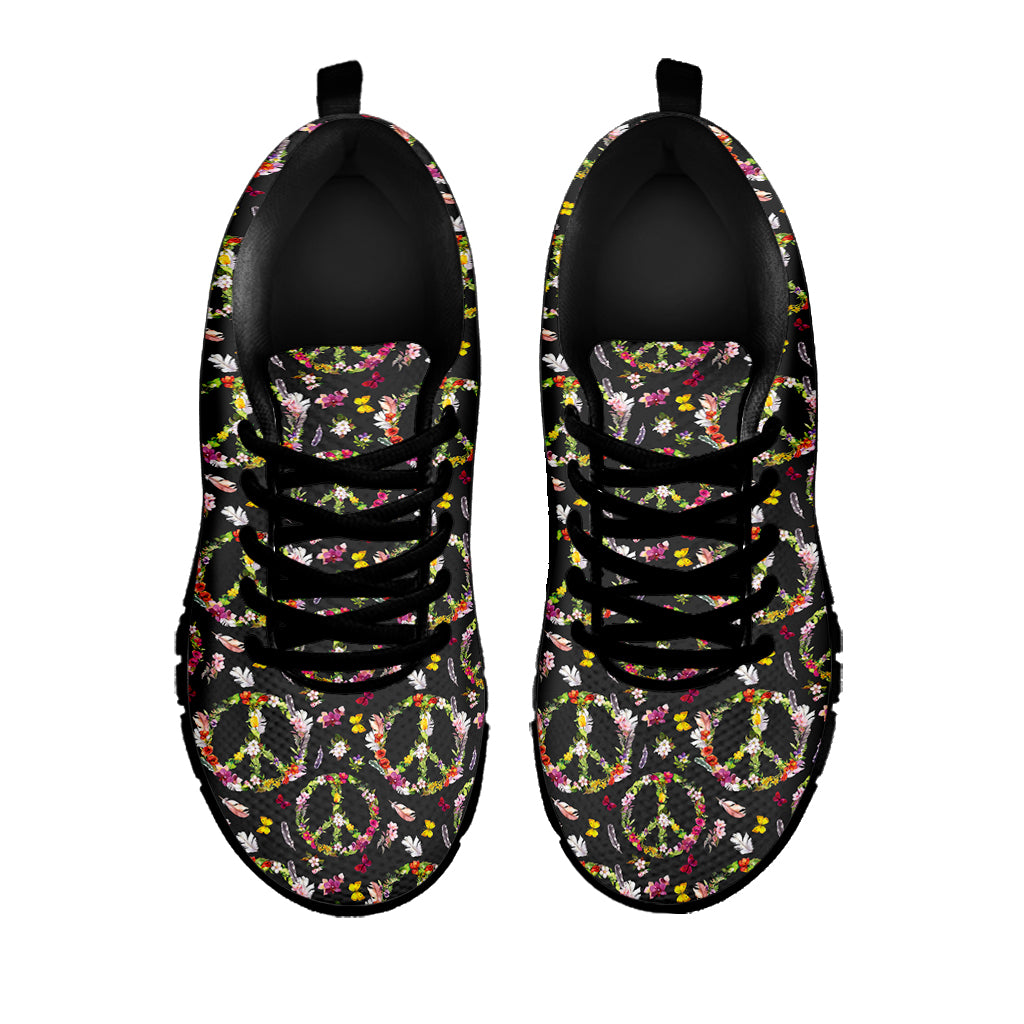 Hippie Peace Sign Flower Pattern Print Black Sneakers