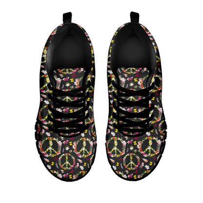 Hippie Peace Sign Flower Pattern Print Black Sneakers