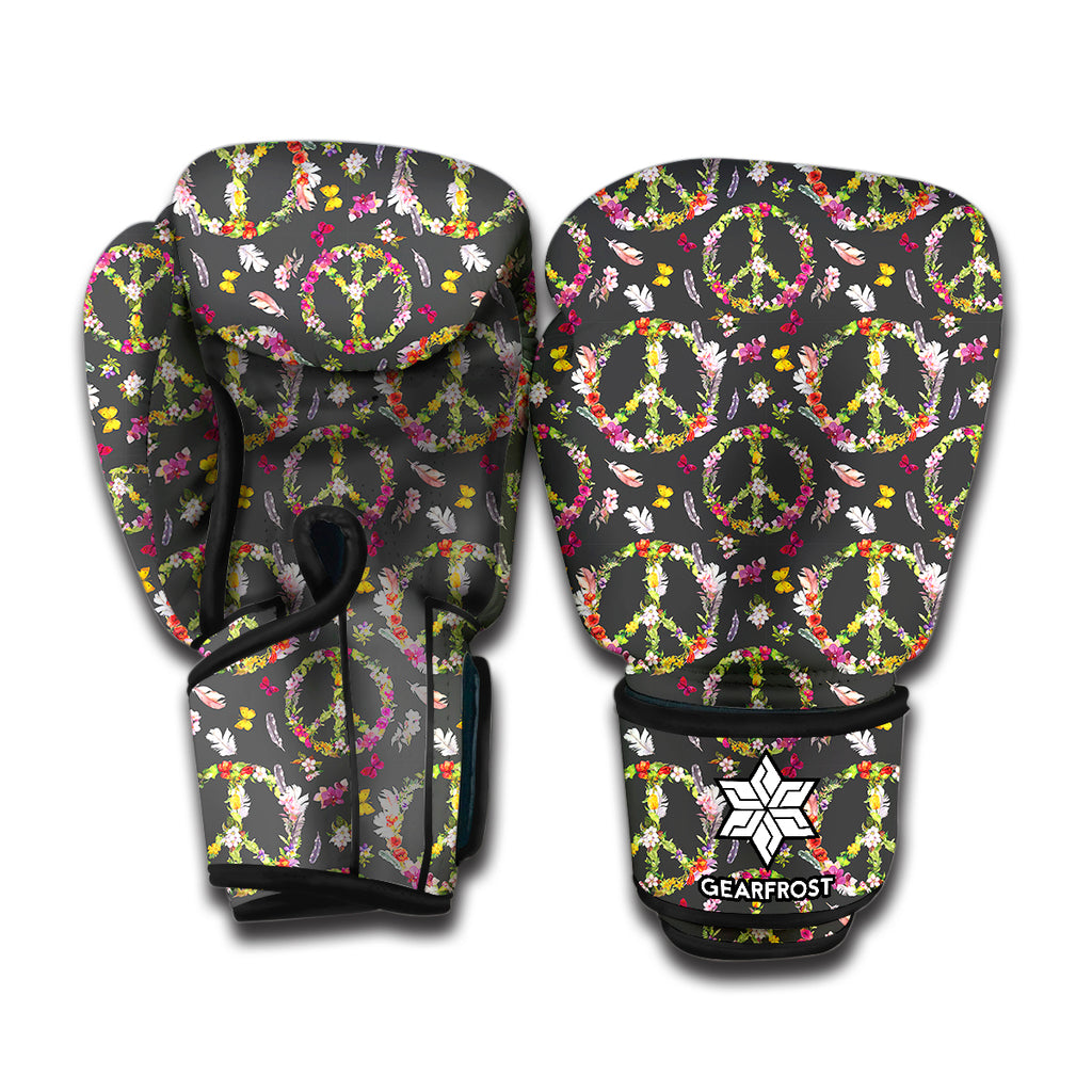 Hippie Peace Sign Flower Pattern Print Boxing Gloves