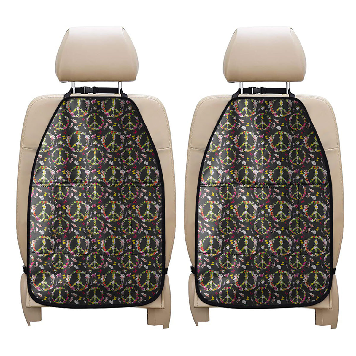 Hippie Peace Sign Flower Pattern Print Car Seat Organizers