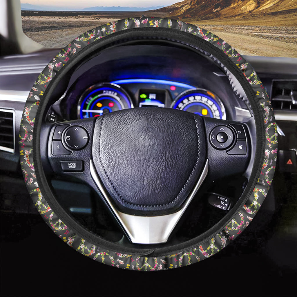 Hippie Peace Sign Flower Pattern Print Car Steering Wheel Cover