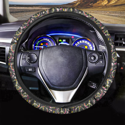 Hippie Peace Sign Flower Pattern Print Car Steering Wheel Cover