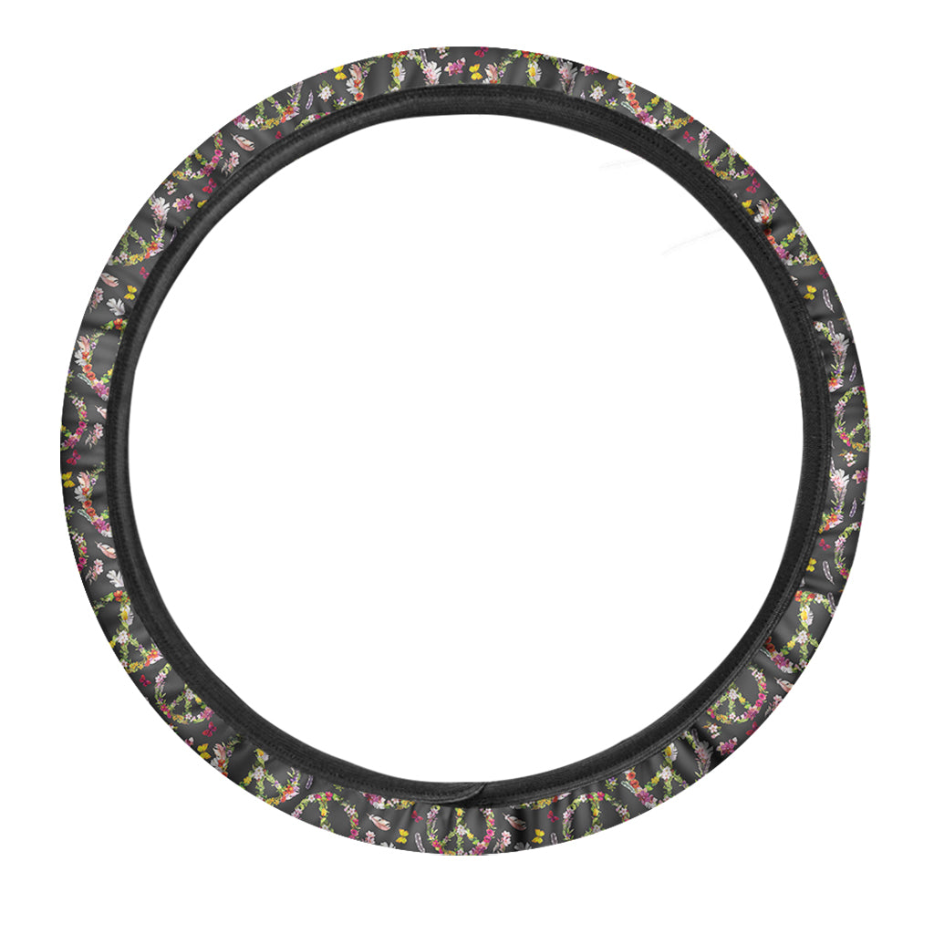 Hippie Peace Sign Flower Pattern Print Car Steering Wheel Cover