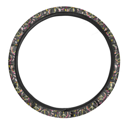 Hippie Peace Sign Flower Pattern Print Car Steering Wheel Cover