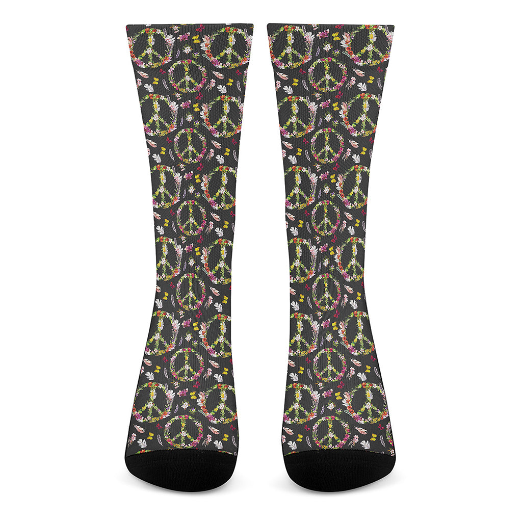 Hippie Peace Sign Flower Pattern Print Crew Socks