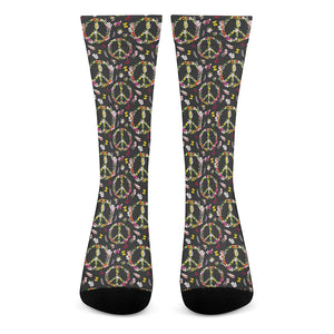 Hippie Peace Sign Flower Pattern Print Crew Socks