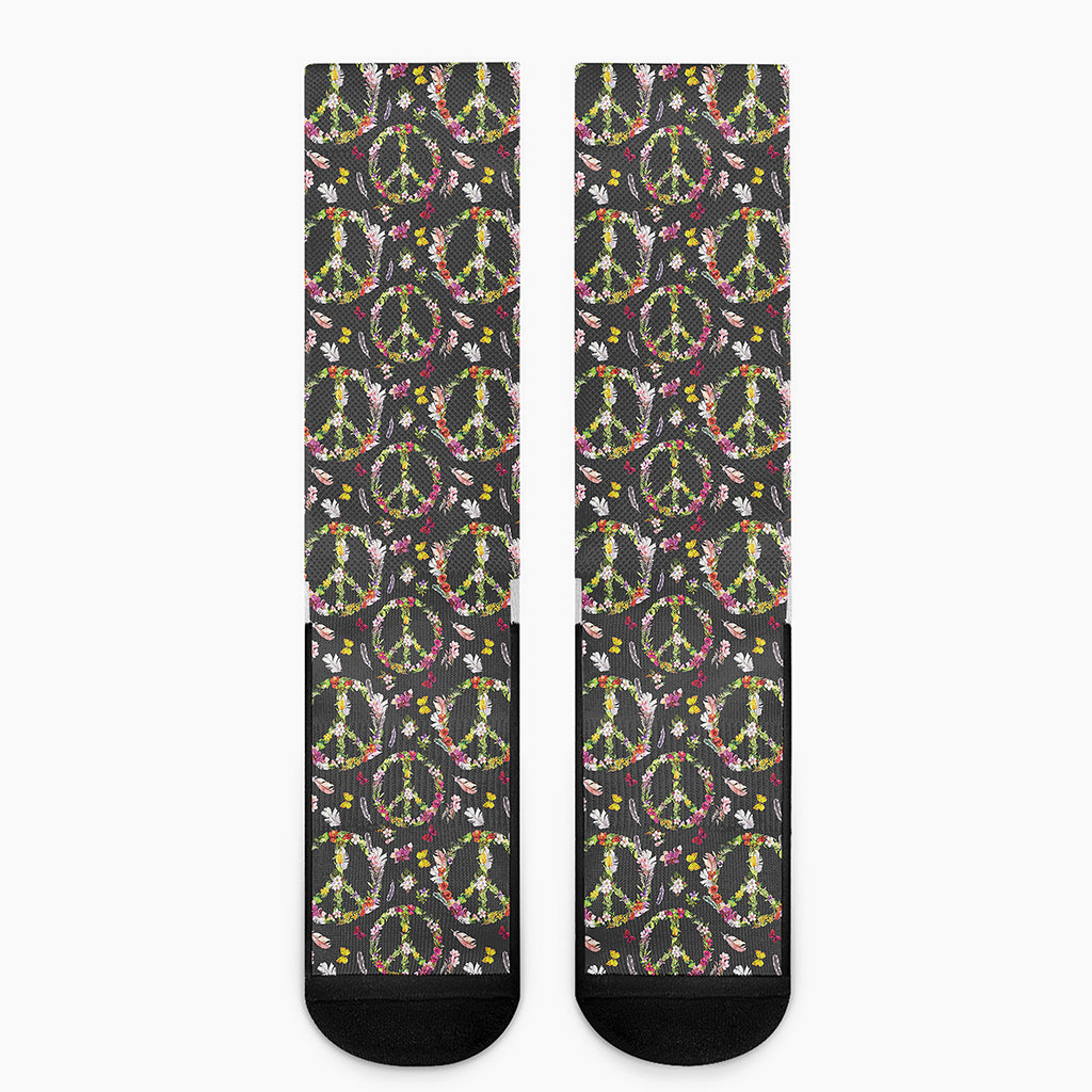 Hippie Peace Sign Flower Pattern Print Crew Socks