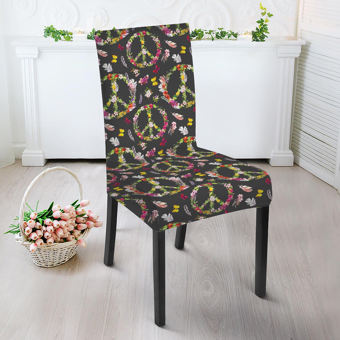 Hippie Peace Sign Flower Pattern Print Dining Chair Slipcover
