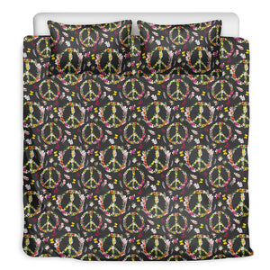 Hippie Peace Sign Flower Pattern Print Duvet Cover Bedding Set