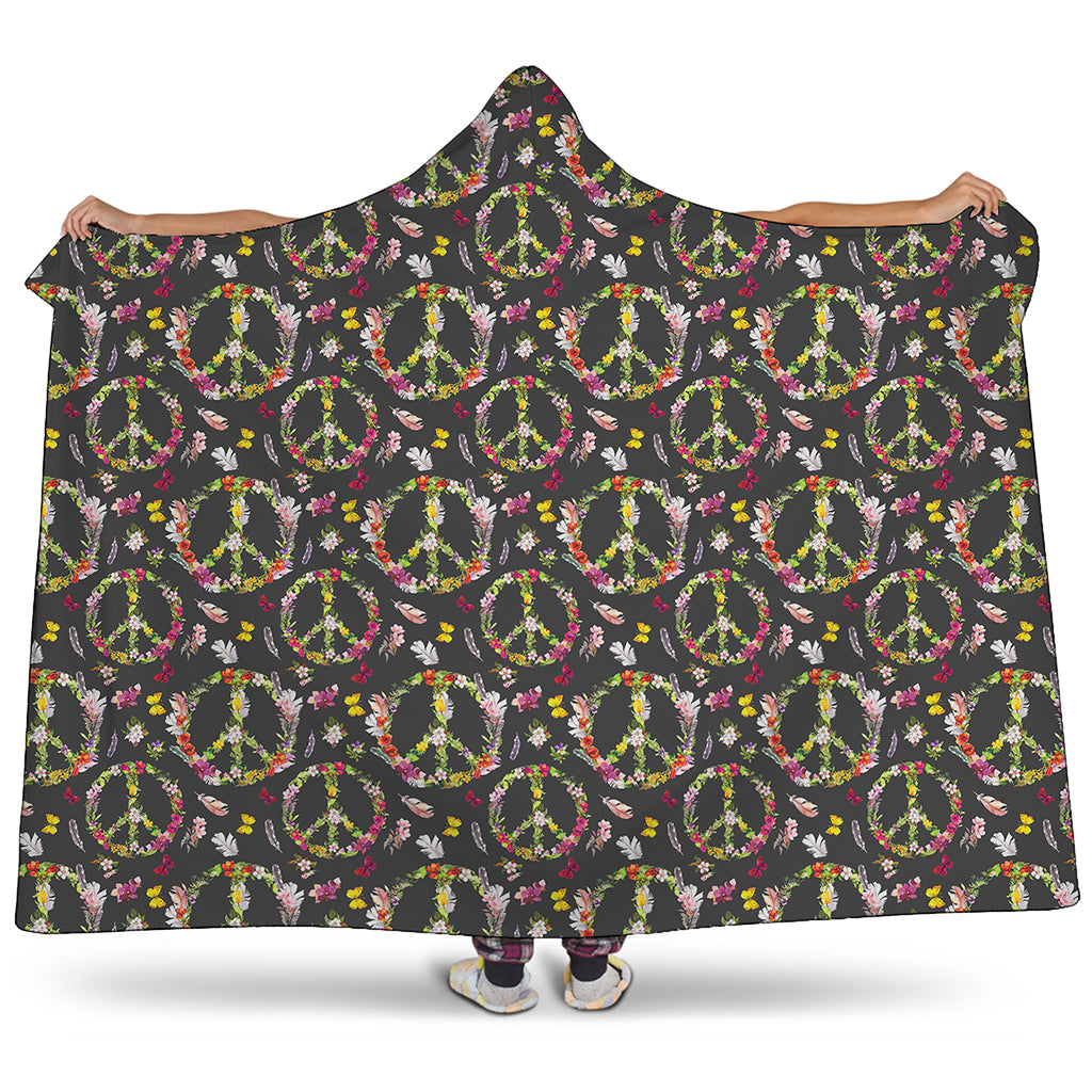 Hippie Peace Sign Flower Pattern Print Hooded Blanket