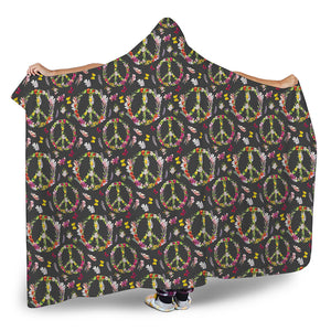 Hippie Peace Sign Flower Pattern Print Hooded Blanket