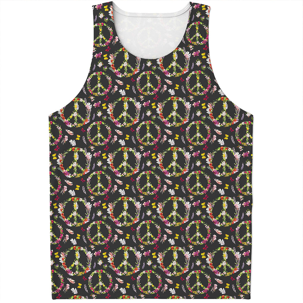 Hippie Peace Sign Flower Pattern Print Men's Tank Top
