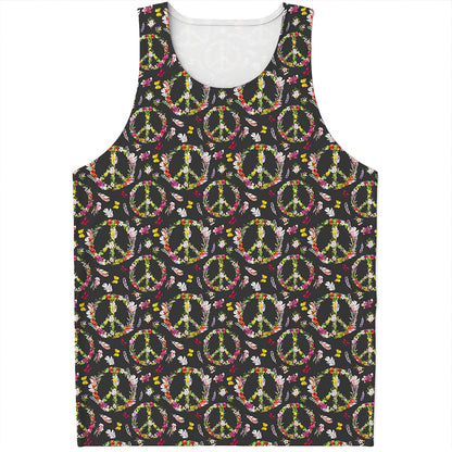 Hippie Peace Sign Flower Pattern Print Men's Tank Top