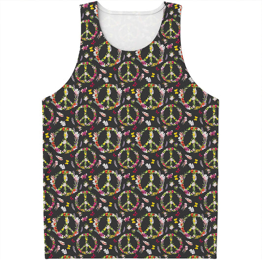 Hippie Peace Sign Flower Pattern Print Men's Tank Top