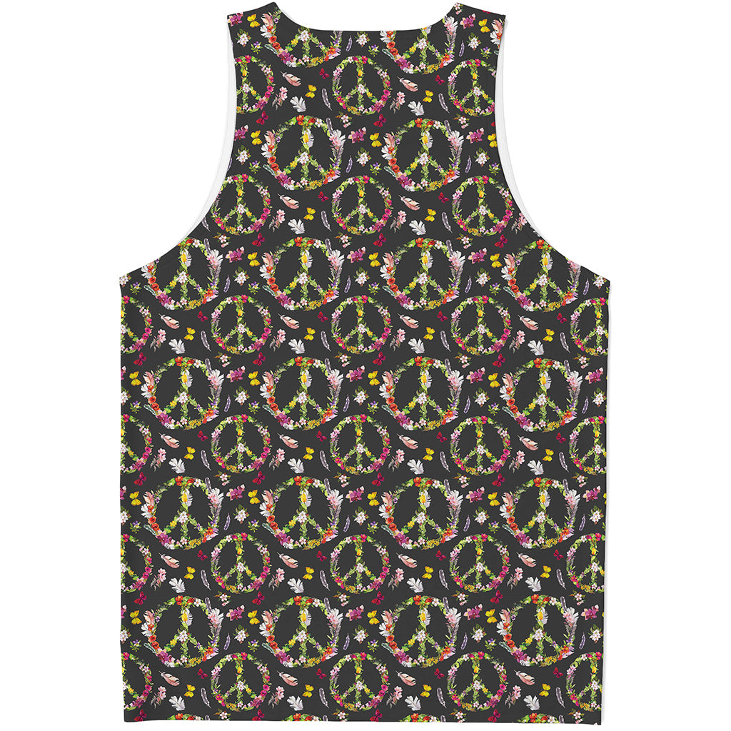 Hippie Peace Sign Flower Pattern Print Men's Tank Top