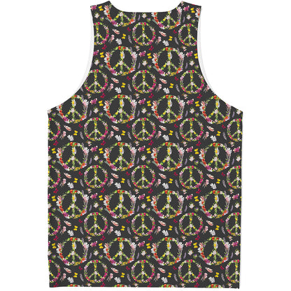 Hippie Peace Sign Flower Pattern Print Men's Tank Top