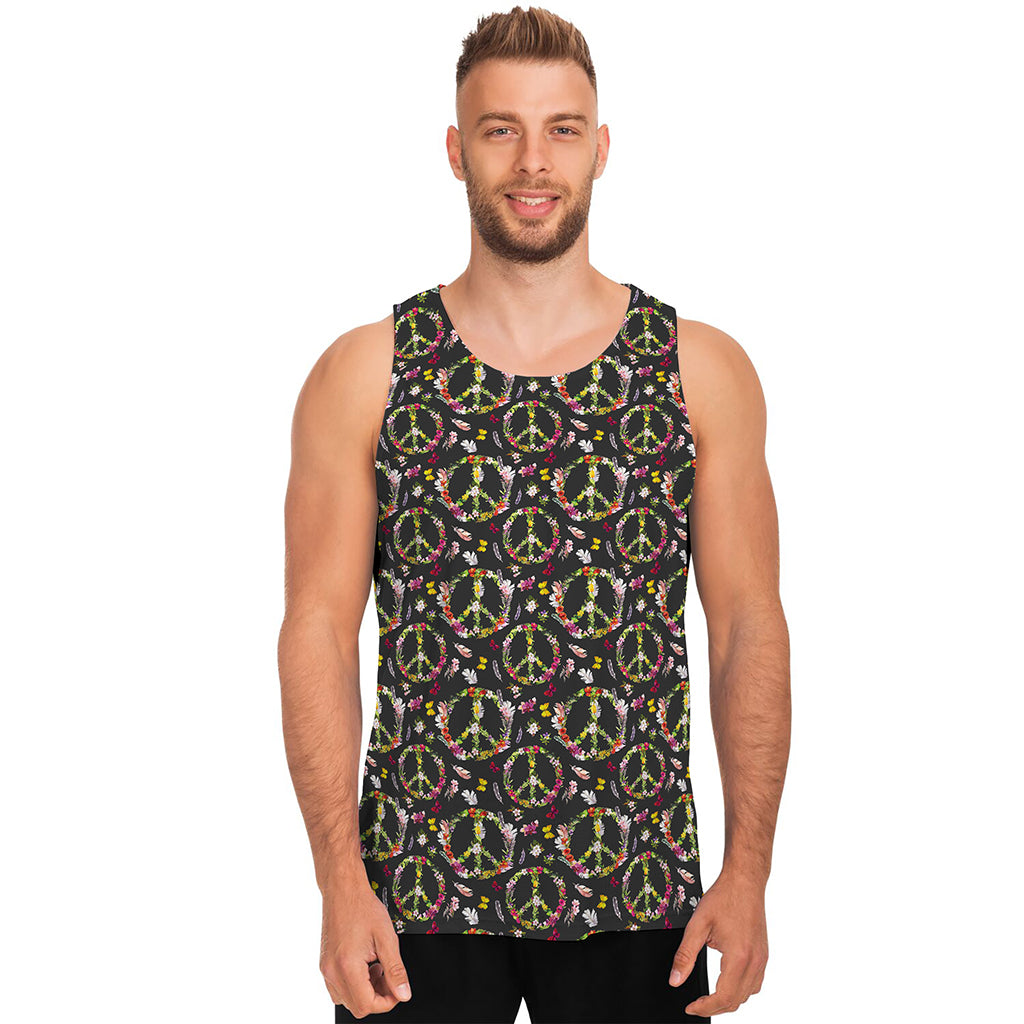 Hippie Peace Sign Flower Pattern Print Men's Tank Top