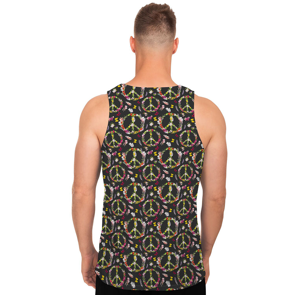 Hippie Peace Sign Flower Pattern Print Men's Tank Top
