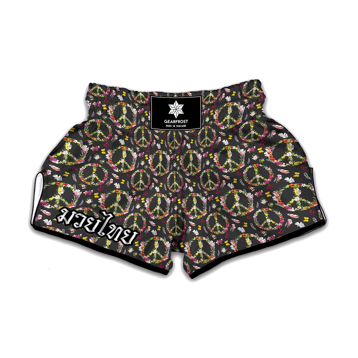Hippie Peace Sign Flower Pattern Print Muay Thai Boxing Shorts