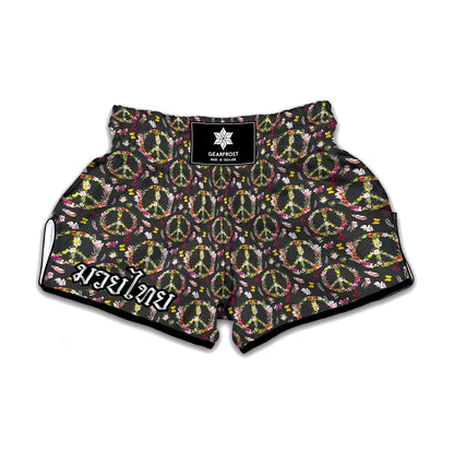 Hippie Peace Sign Flower Pattern Print Muay Thai Boxing Shorts