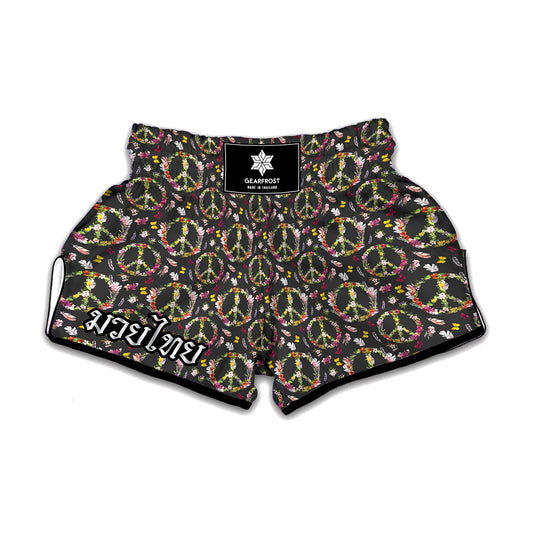 Hippie Peace Sign Flower Pattern Print Muay Thai Boxing Shorts