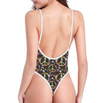 Hippie Peace Sign Flower Pattern Print One Piece High Cut Swimsuit