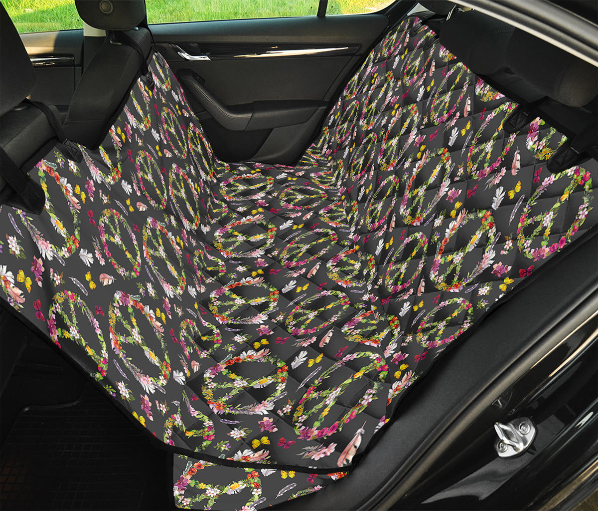 Hippie Peace Sign Flower Pattern Print Pet Car Back Seat Cover