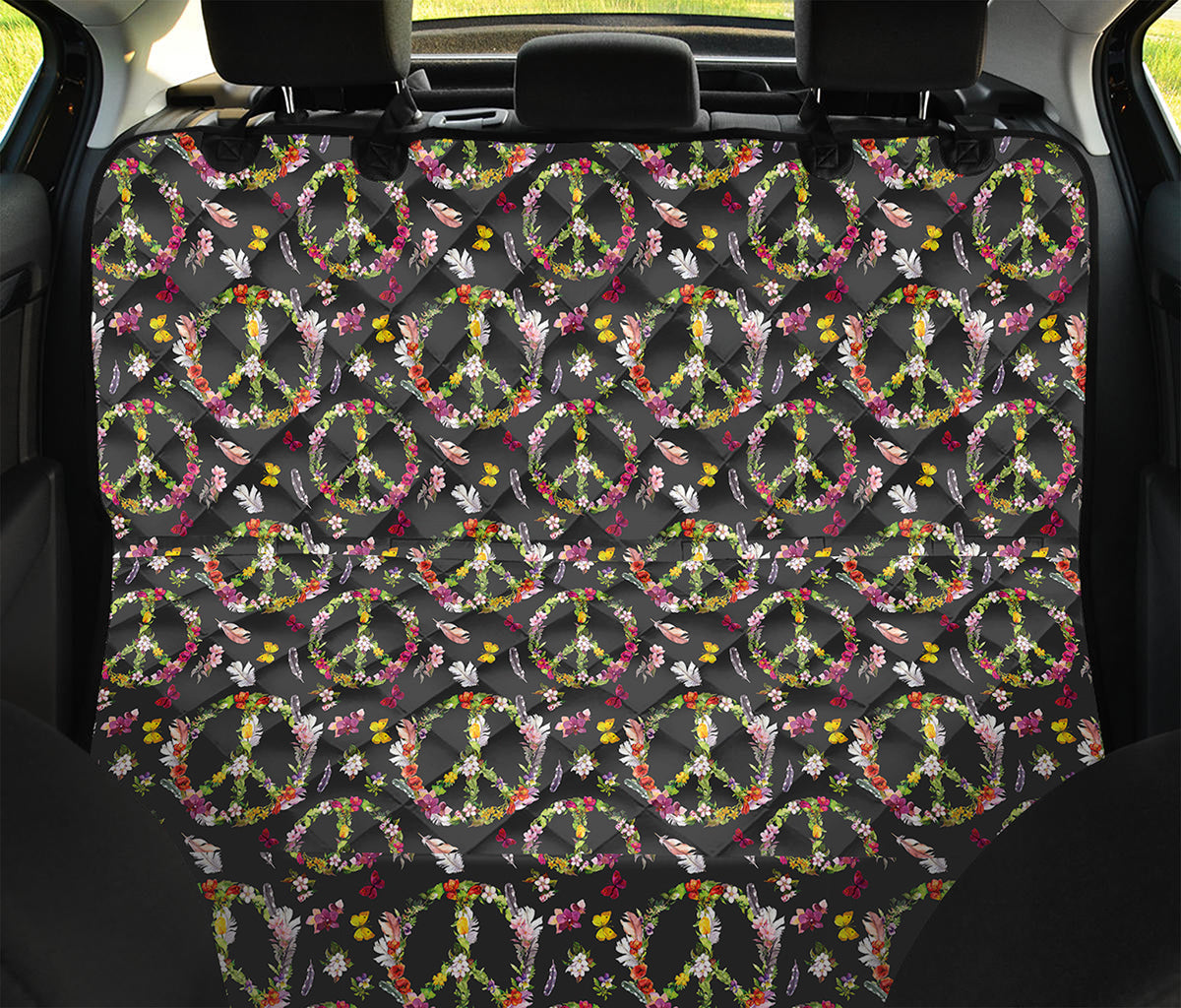 Hippie Peace Sign Flower Pattern Print Pet Car Back Seat Cover
