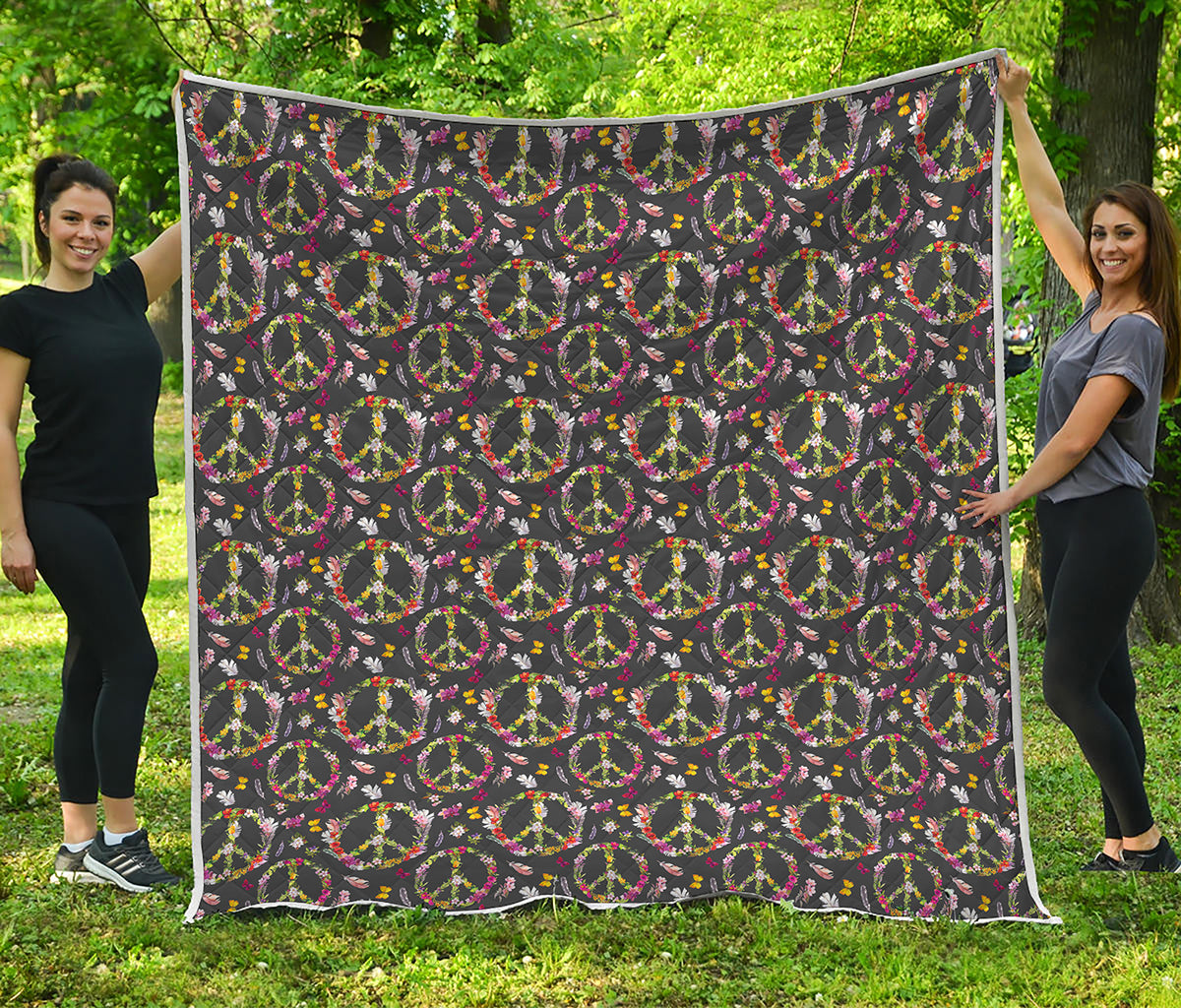 Hippie Peace Sign Flower Pattern Print Quilt