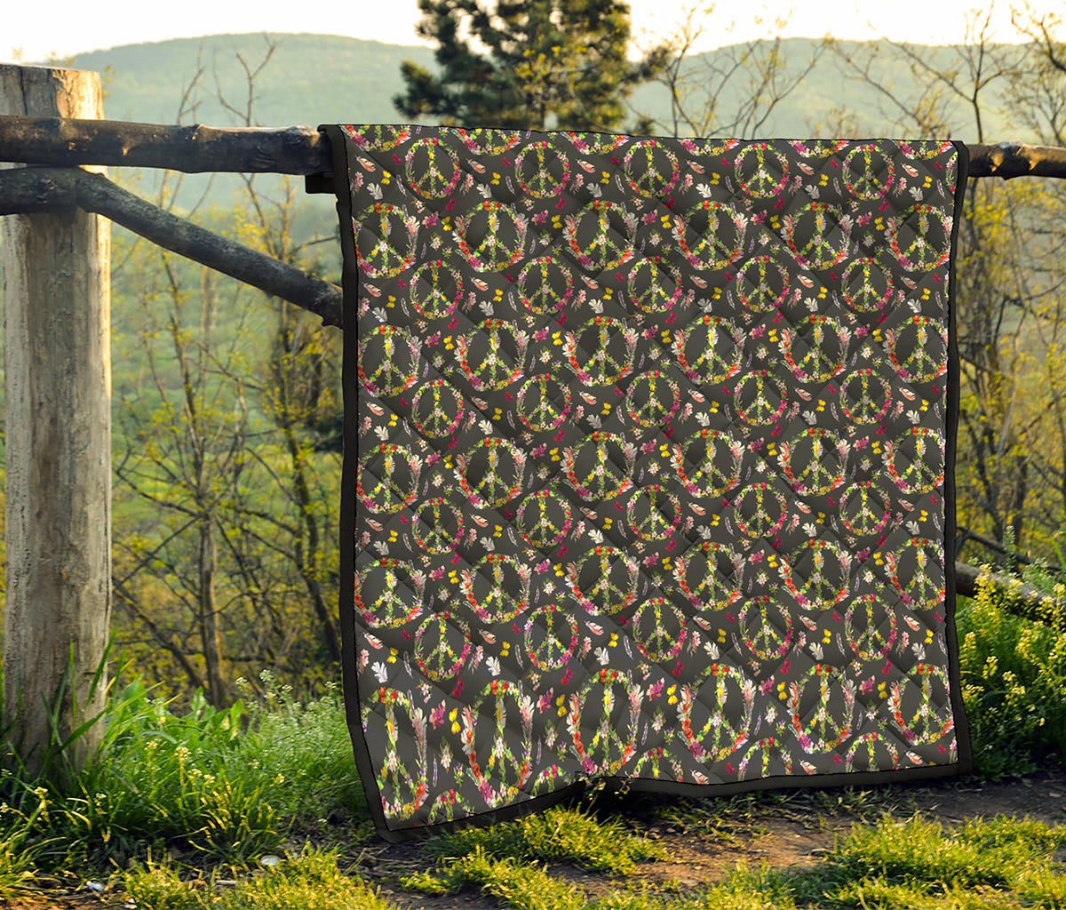 Hippie Peace Sign Flower Pattern Print Quilt