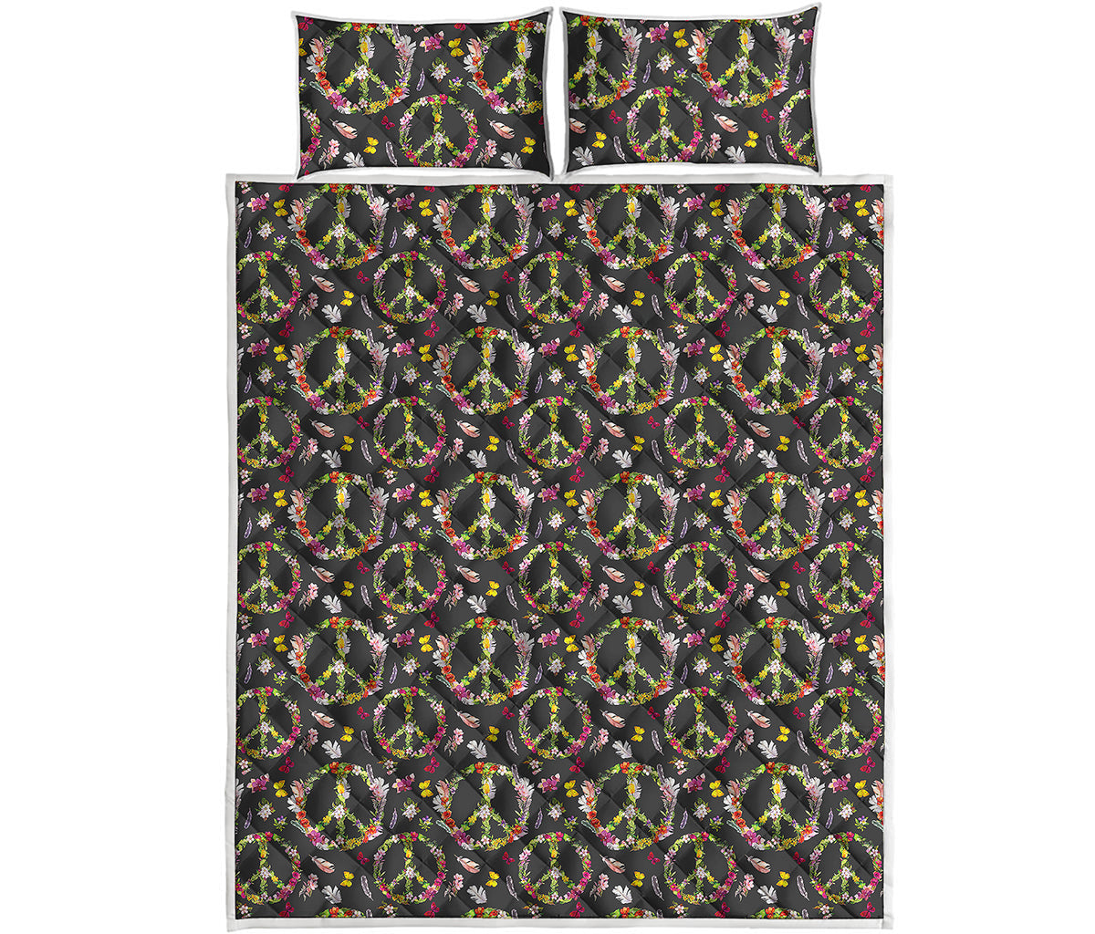 Hippie Peace Sign Flower Pattern Print Quilt Bed Set