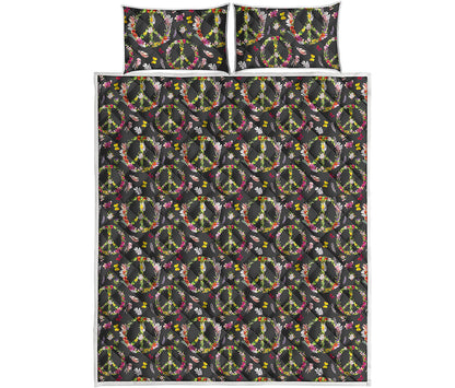 Hippie Peace Sign Flower Pattern Print Quilt Bed Set