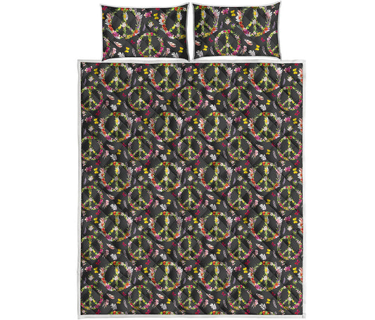 Hippie Peace Sign Flower Pattern Print Quilt Bed Set