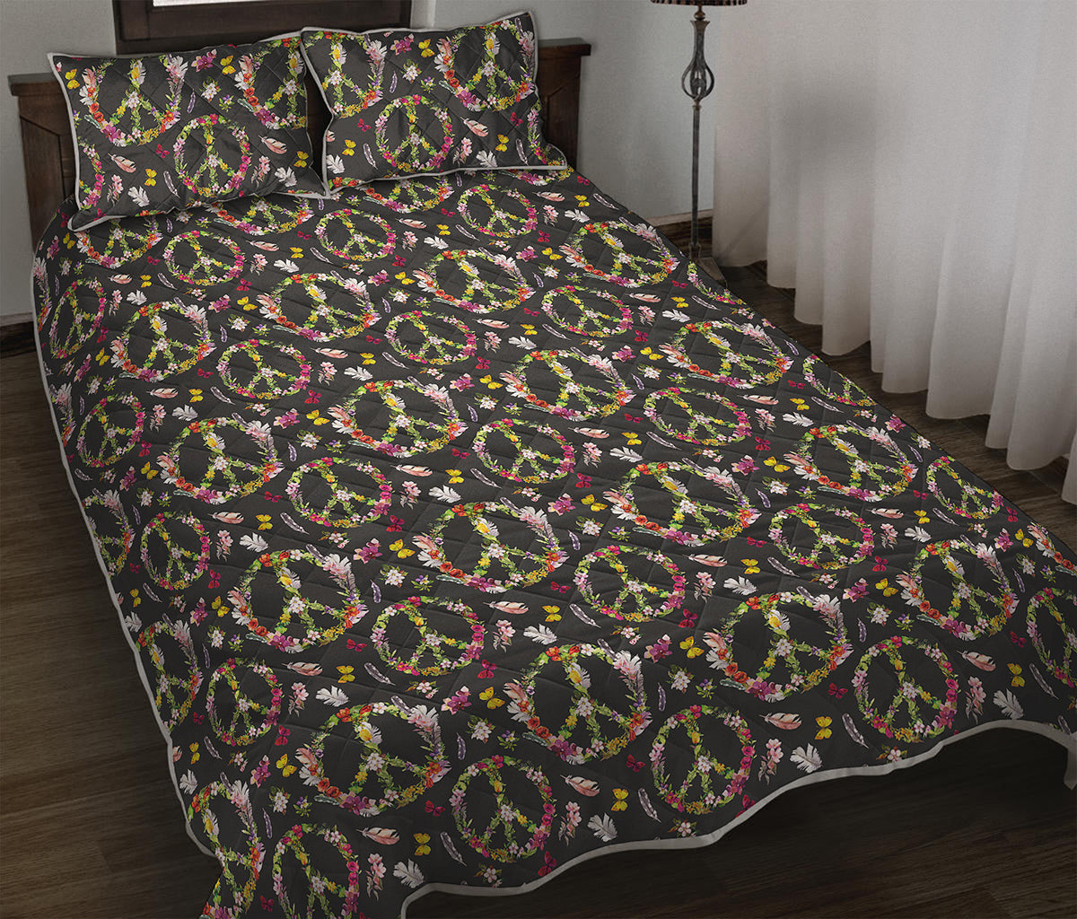Hippie Peace Sign Flower Pattern Print Quilt Bed Set