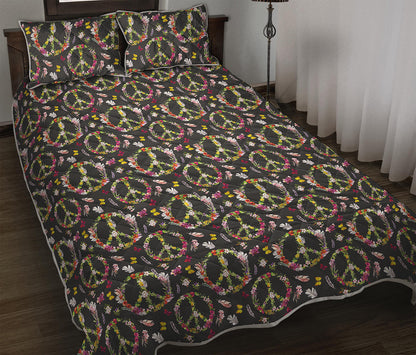 Hippie Peace Sign Flower Pattern Print Quilt Bed Set