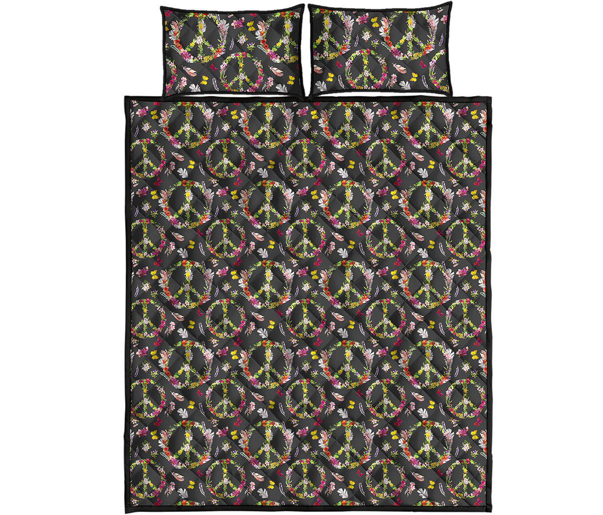 Hippie Peace Sign Flower Pattern Print Quilt Bed Set
