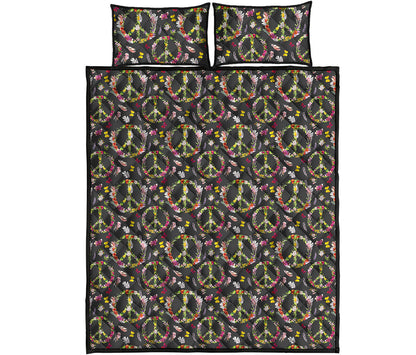 Hippie Peace Sign Flower Pattern Print Quilt Bed Set