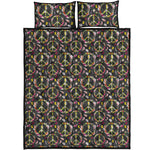 Hippie Peace Sign Flower Pattern Print Quilt Bed Set